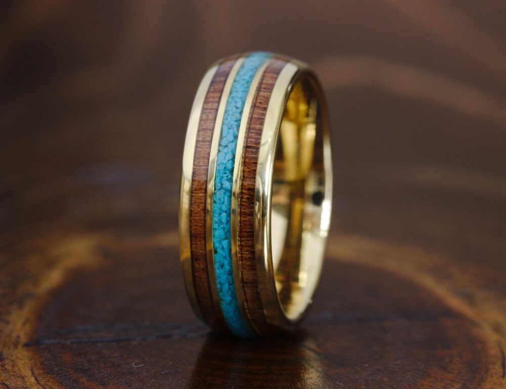 Gold Wedding Band With Turquoise, Men Band, Wood Wooden Ring, Unique Male Engagement, Promise Rose Wood