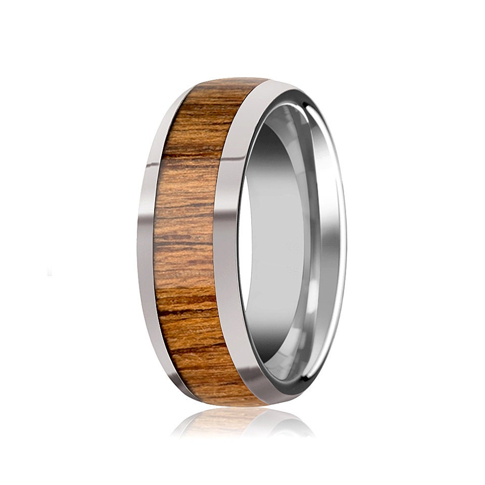 Tungsten Wood Ring, Mens Wedding Band, Teak Wood, Polished Finish, 8mm Ring