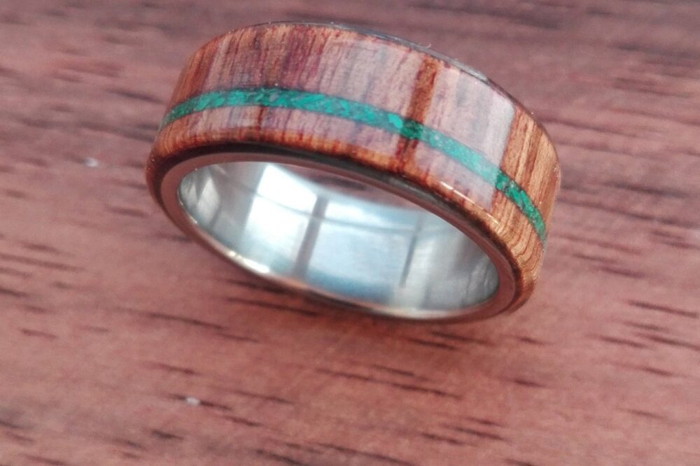 Chechen Wood Ring Titanium Wedding Band With Malachite Inlay