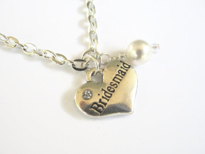 Personalized Bridesmaid Necklace, Heart Wedding Pearl Bridal Jewelry, Designer Pearl, Gift, Choose Your Length, Silver