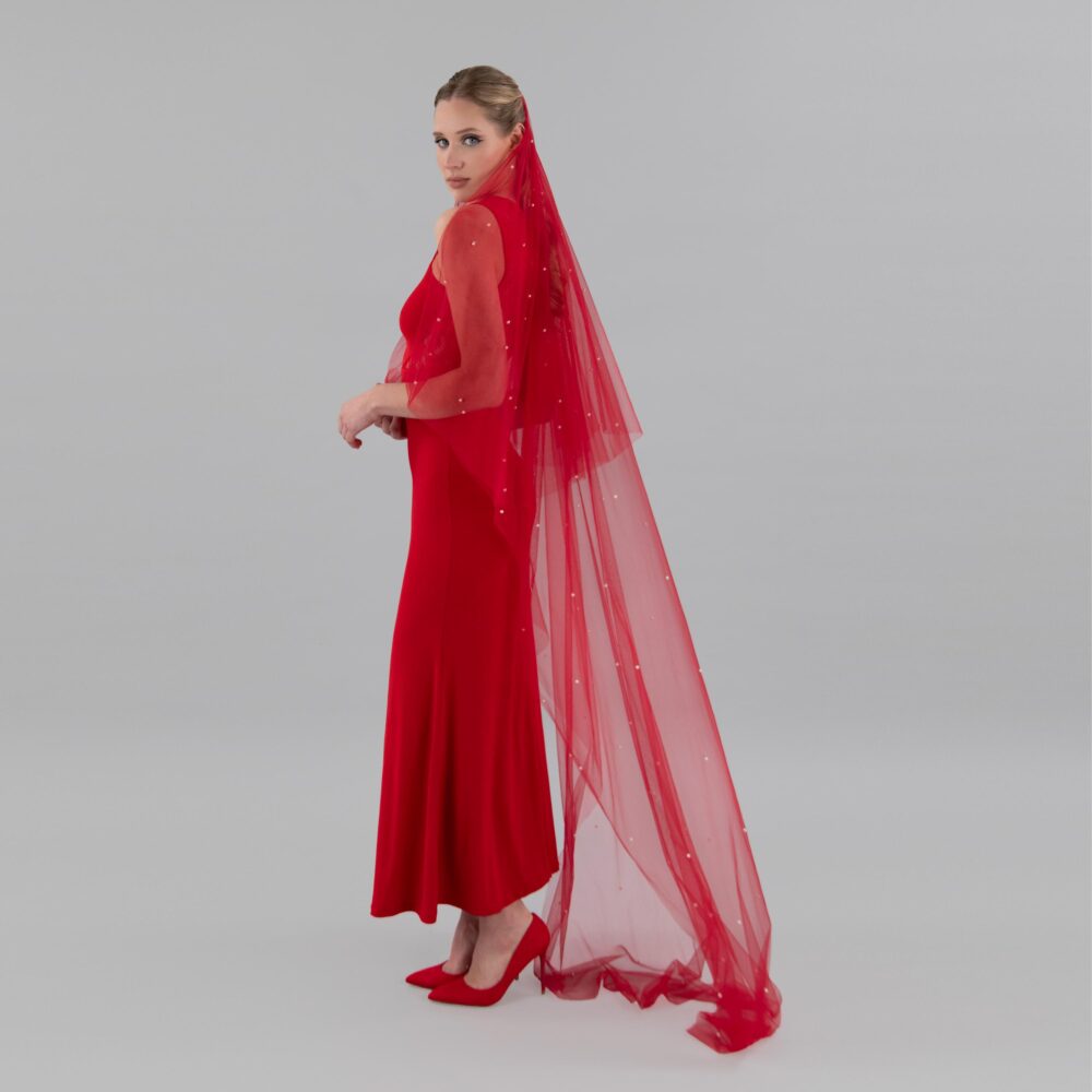 Red Tulle Wedding Veil White Pearls, Gold Comb, Blusher Veil