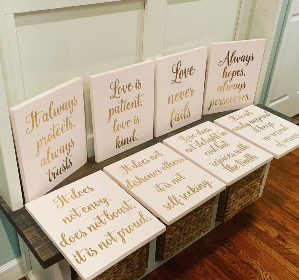 Blush Love Never Fails Wedding Aisle Signs | 1 Corinthians 13 Scripture Set Of 8 Christian Decor Romantic Ceremony