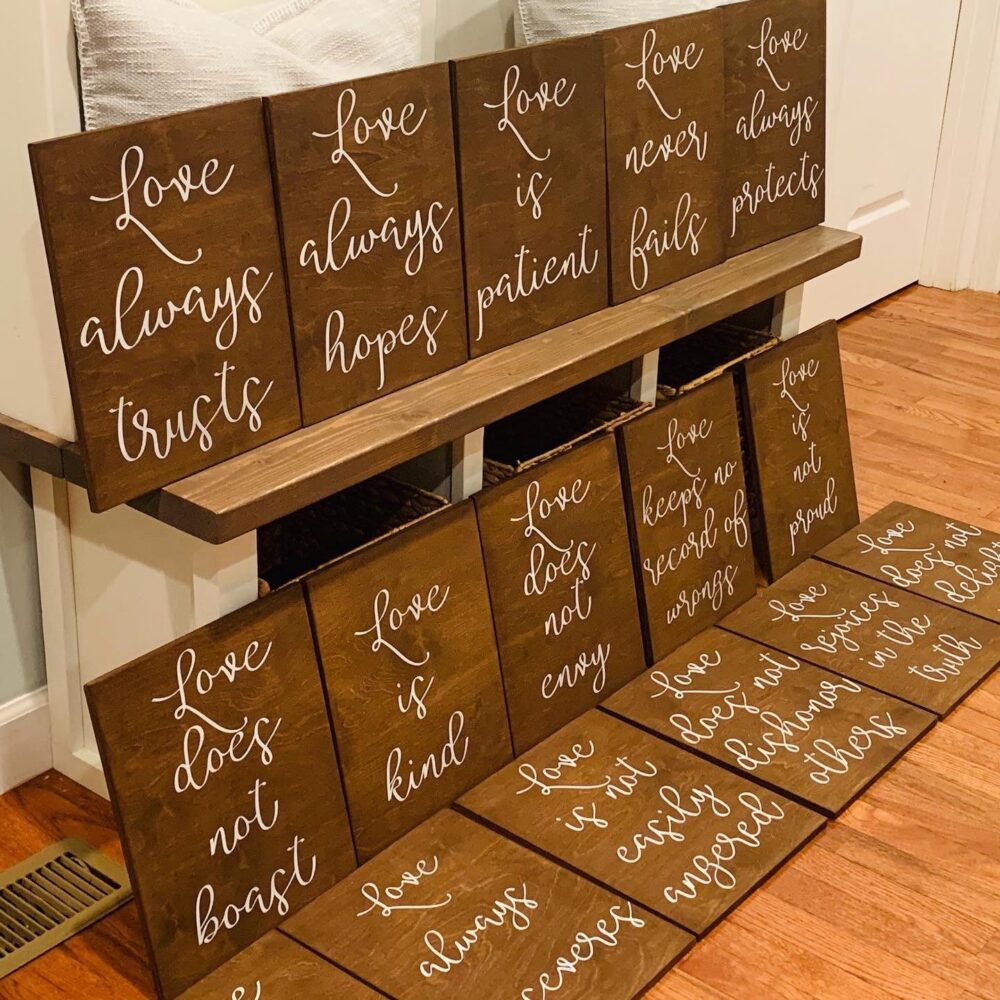 Rustic Wedding Aisle Decor. Love Is Patient, Kind Signs. 1 Corinthians 13 Bible Verse