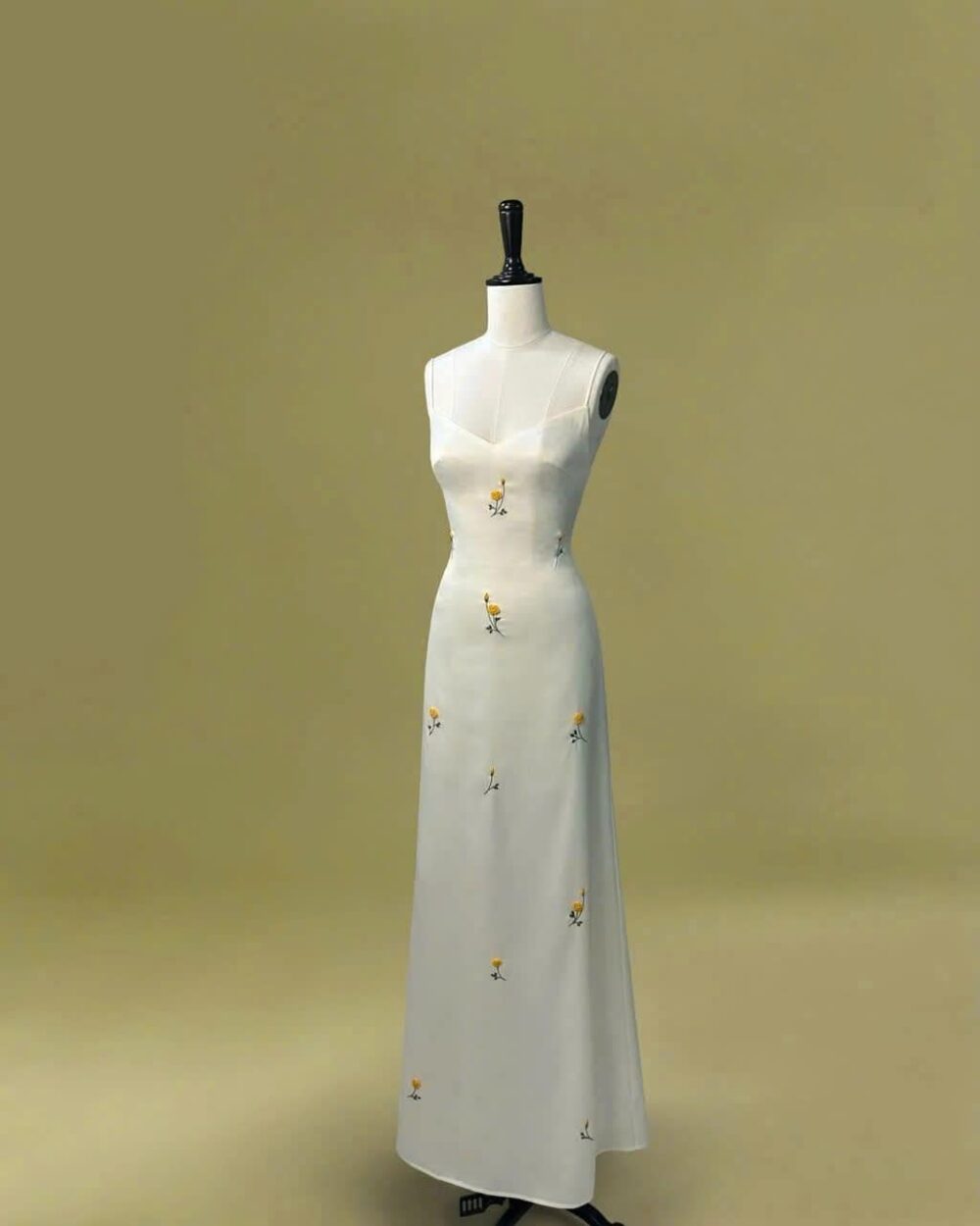 White Hand-Embroidered Floral Maxi Dress | Elegant Minimalist Gown With Yellow Rose Details Custom-Made Evening Or Bridal Look Ooa131