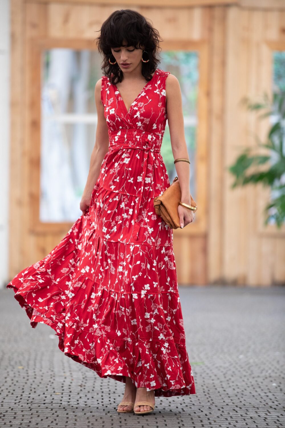 Red Floral Maxi Dress Boho Sleeveless Rayon Sundress