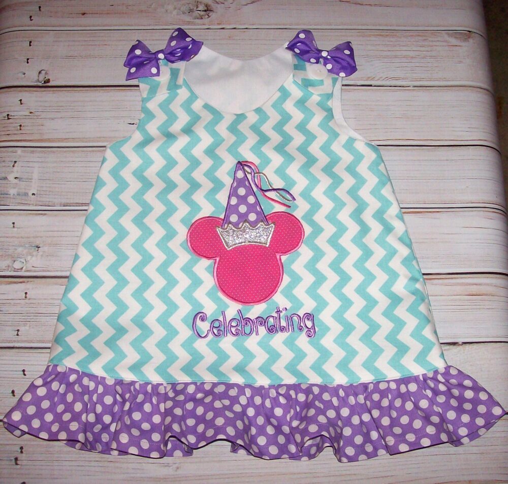 Minnie Mouse Party Hat Birthday Applique Monogram Aqua Chevron A-Line Dress With Purple Dot Ruffle