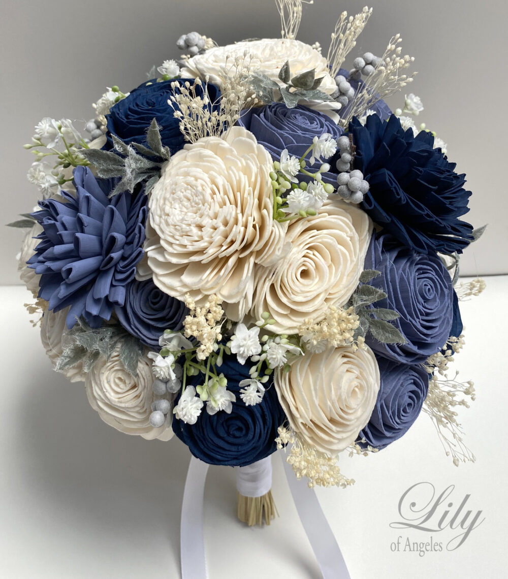 Wedding Bouquet, Cascade Bridal Sola Flower, Wooden Navy, Dusty Blue Periwinkle Rustic Boho Lily Of Angeles