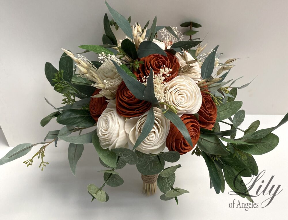 Wedding Bouquet, Bridal Bridesmaid Sola, Flower, Wooden Burnt Orange, Cinnamon, Rustic, Lily Of Angeles