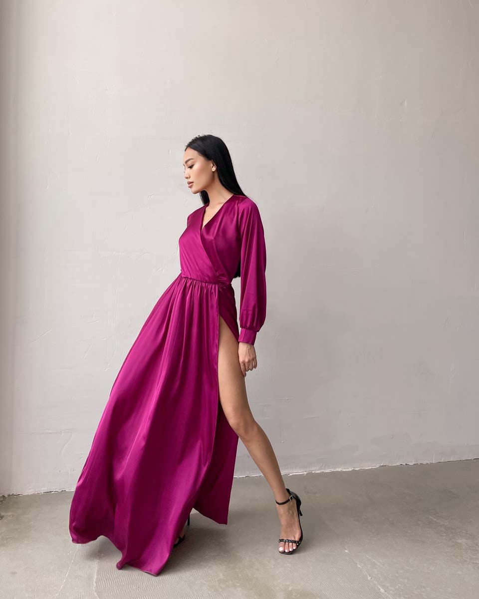 Fuchsia Wrap Dress, Silk Dress With Long Puff Sleeves, With Slit, Robe Sleeve Bridesmaid