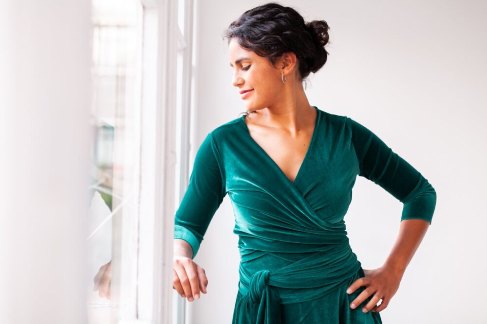 Emerald Green Velvet Wrap Dress Long Sleeve Party Gown