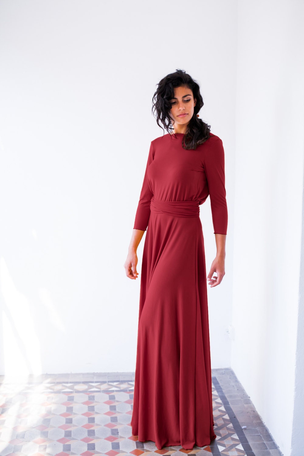 Bordeaux Red Long Sleeve Formal Wrap Dress For Wedding Guest