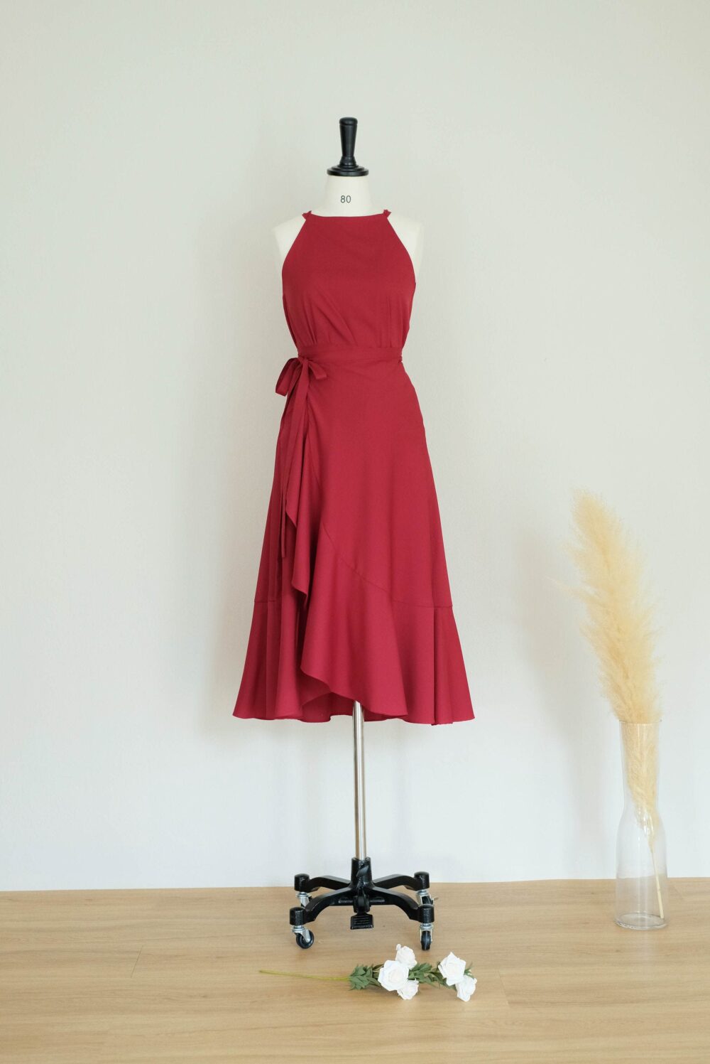 Midi Red Wrap Dress, Bridesmaid Dresses 2 Pieces Top & Skirt Casual Boho Wedding Guest Outfits Summer Party