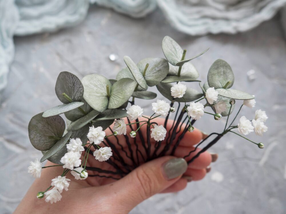 Wedding Eucalyptus Hair Pins Greenery Babys Breath Piece Bridal
