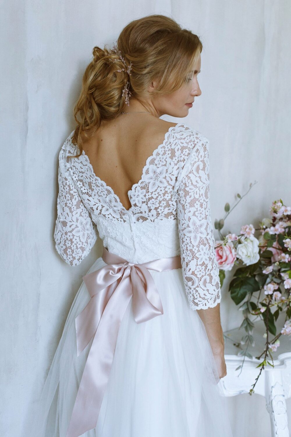 Lace Sleeve Wedding Dress Boho Vintage Tulle Gown