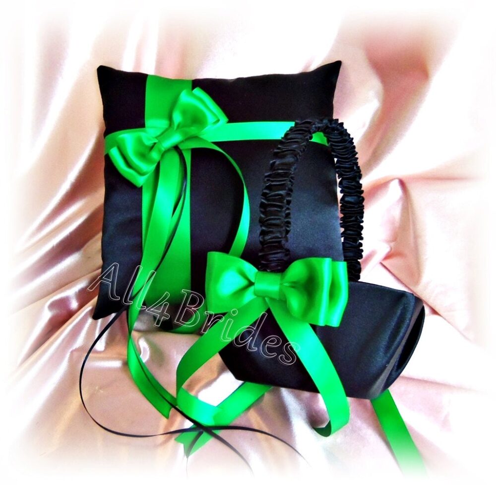 Black & Green Wedding Flower Girl Basket Ring Pillow Set, Emerald Green, Kelly Ceremony Decor