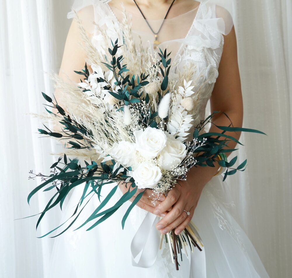 White & Blue-Green Wedding Bouquet Boho Natural Wedding Flowers, Rustic Pampas Grass Bouquet, Dried Flowers Bouquet, Bridal/Bridesmaid