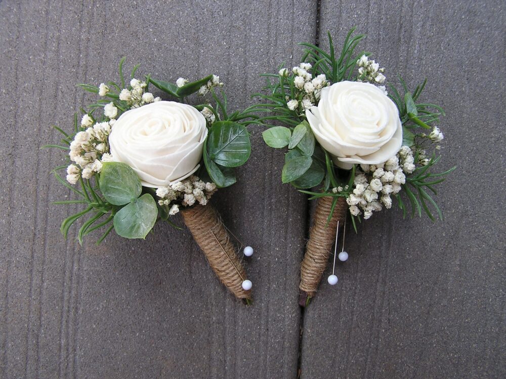 White Wedding Boutonnieres, Prom Boutonniere, Groomsman Buttonhole, Sola Mans Party Boutonnieres