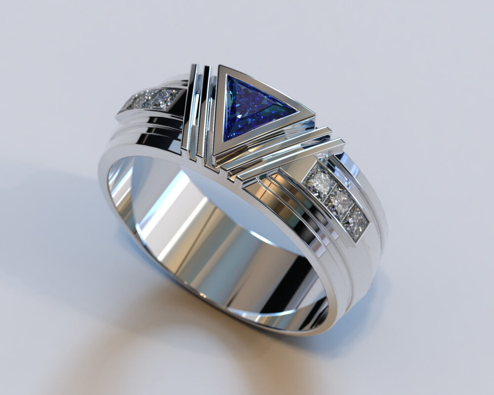 Mens Sapphire Ring/Triangle Gemstone Band Wedding White Gold For Men Unique