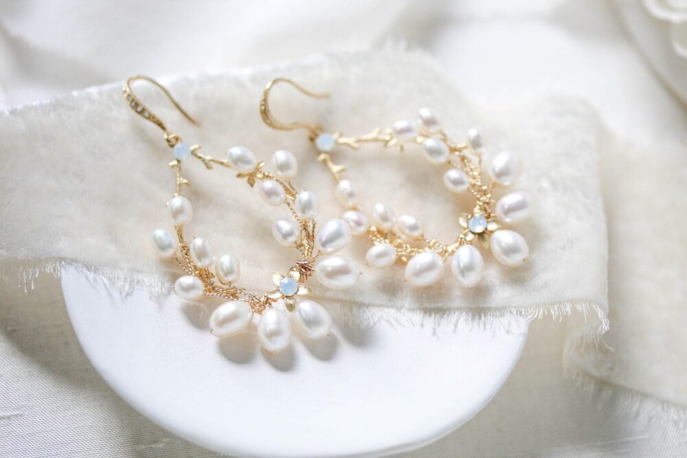 Pearl Bridal Earrings For Wedding, Hoop Wedding Earrings, Gold Chandelier Jewelry, Freshwater