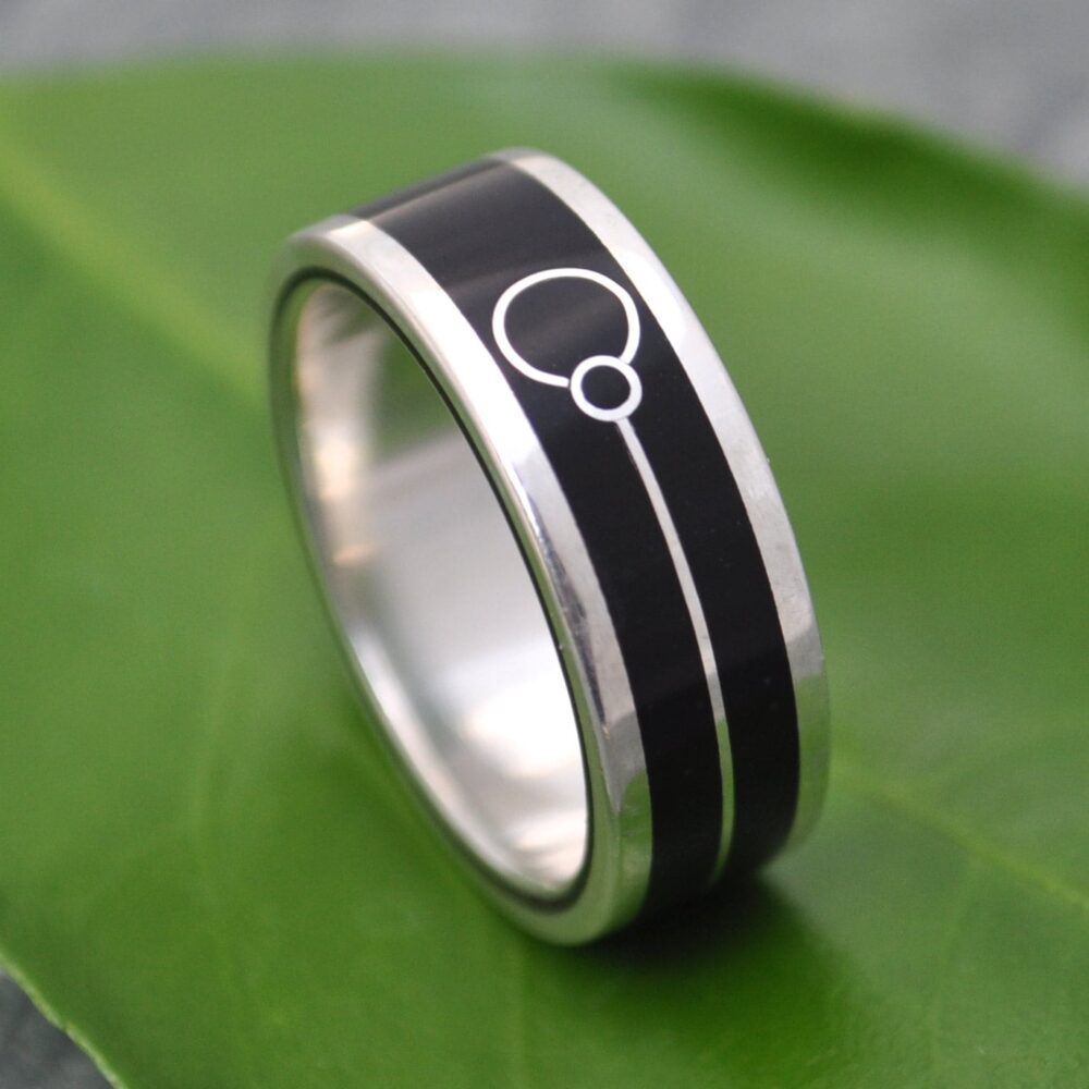 Unity Symbol Ring, Black Wood Wedding Band, Fifth Anniversary Sterling Silver Ring