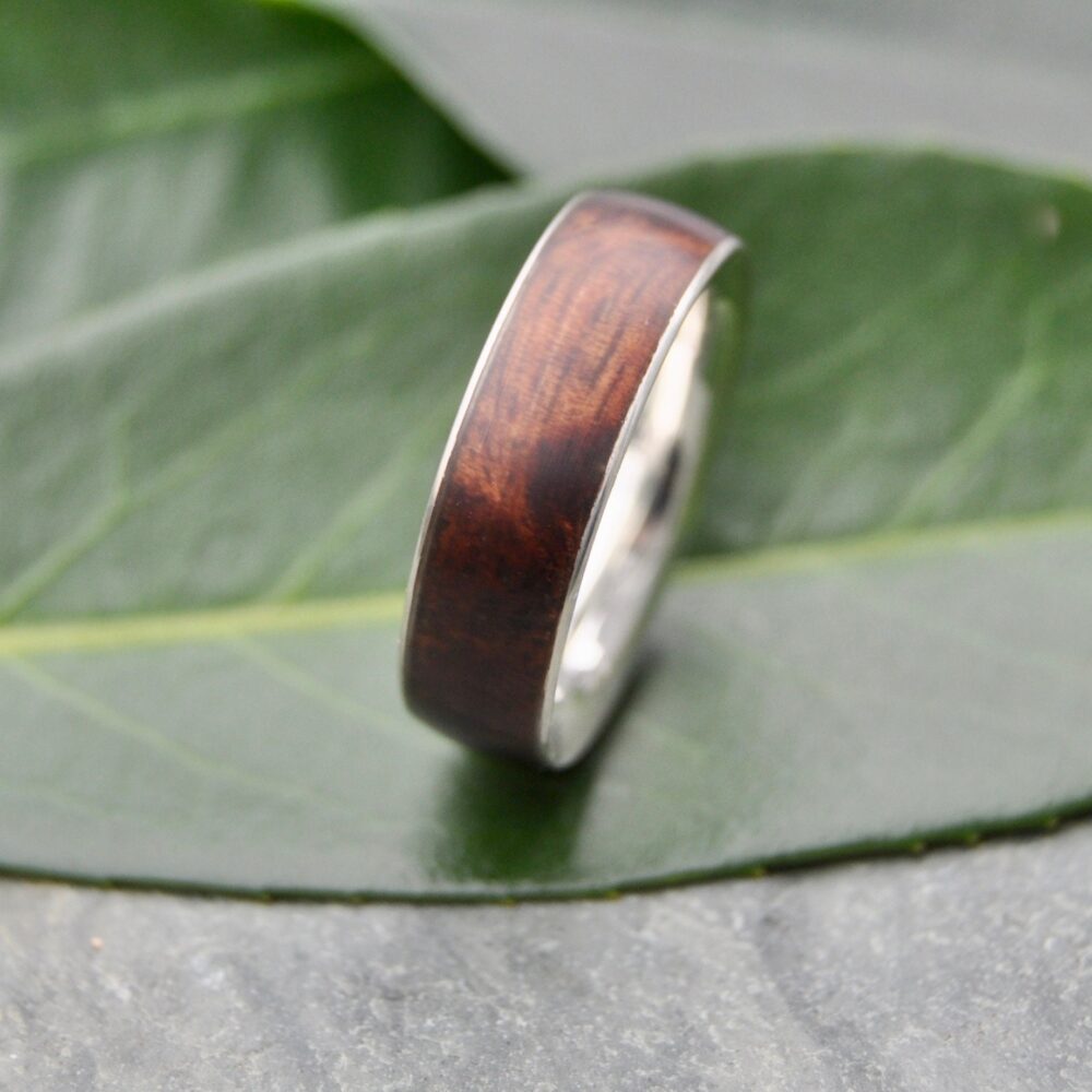 Siempre Koa Wood Wedding Band Recycled 14K Solid White Gold Ring, Comfort Fit