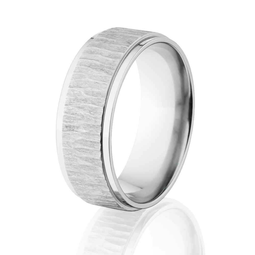 Cobalt Chrome Men's Wedding Band, 8mm Tree Bark Finish Two Tone Ring, USA Made