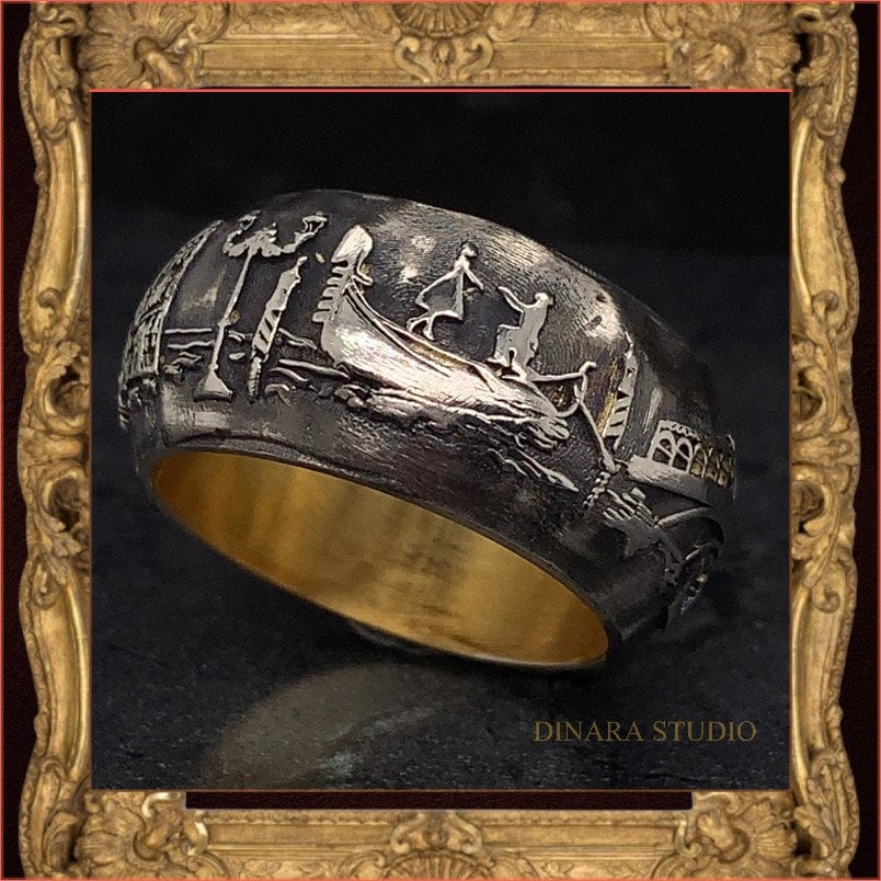 Venice Scene Mens Wedding Band Oxidized Sterling Silver & Gold