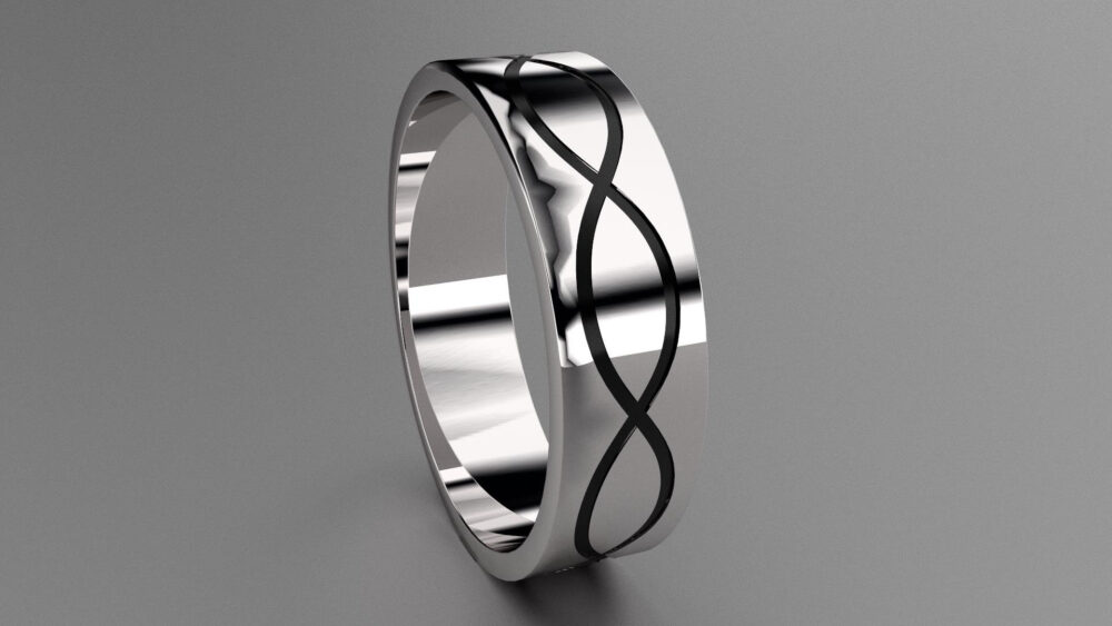 Silver 6mm Mens Infinity Grooved Wedding Band, Black Antiqued Pattern, 925 Sterling Clean Simple Design, Customizable