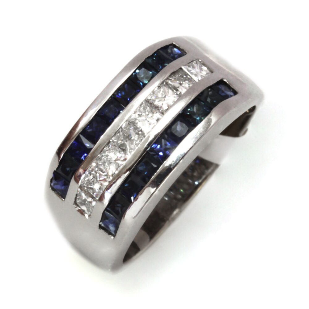 2.5 Ctw Natural Blue Sapphire & Diamond Channel Ring For Men/Solid 14K 18K Gold/ Princess Cut Stone 3 Row Men's Ring/ September Birthstone