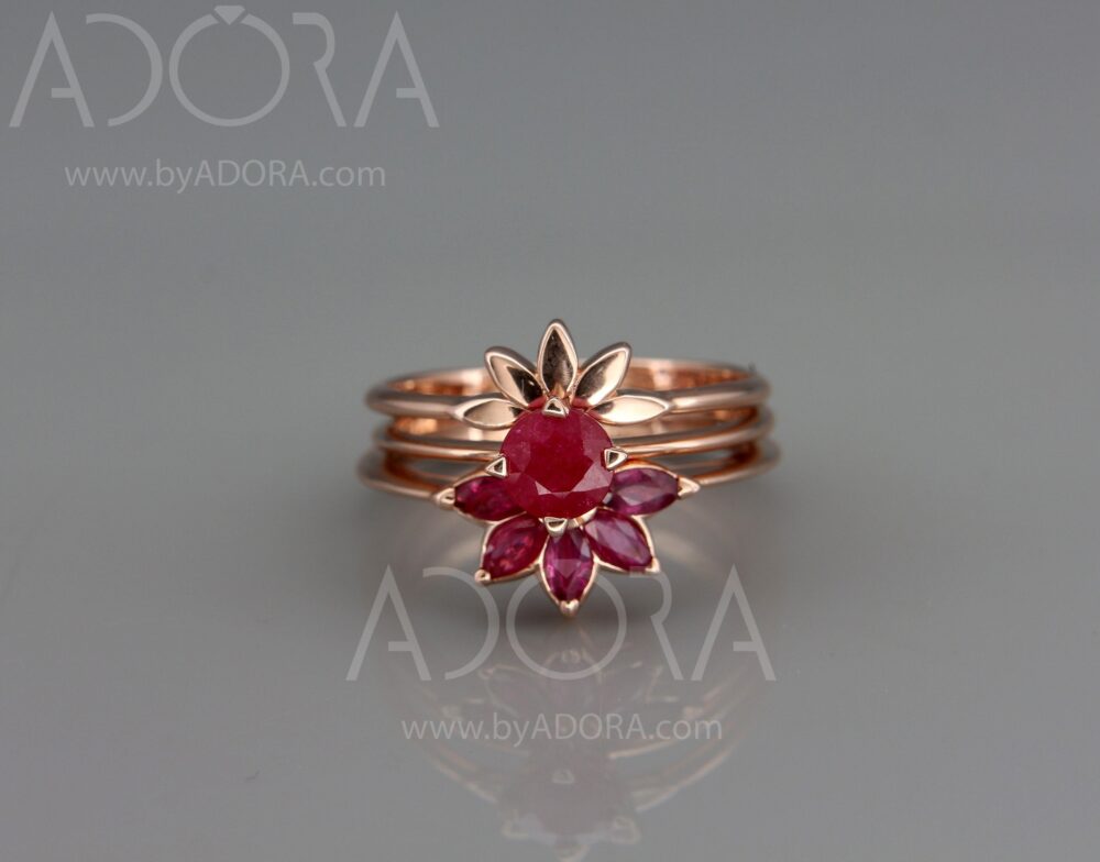 Handmade Ruby Bridal Set 3 Rings | 14K Rose Gold Wedding Ring Set With Marquise Cut Rubies & Engagement Ring