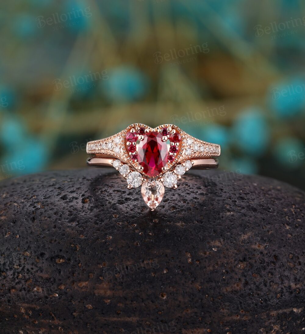 Vintage Ruby Engagement Ring Set Rose Gold Heart Shaped Rings Art Deco Diamond Wedding Morganite Band Anniversary Bridal