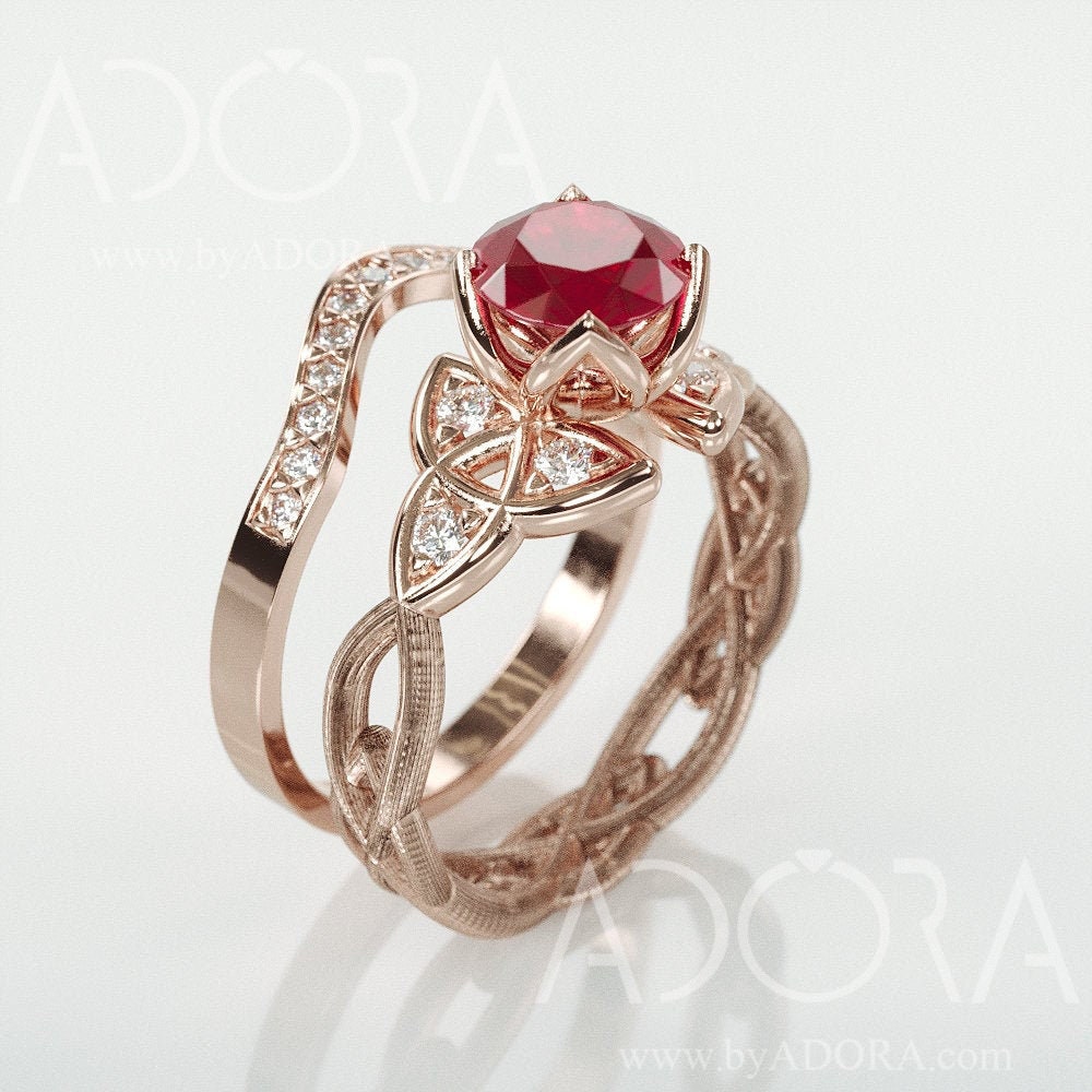 Handmade Trinity Knot Ruby Bridal Rings Set | 14K Rose Gold Engagement & Wedding Triquetra Rings Set With Natural Diamonds