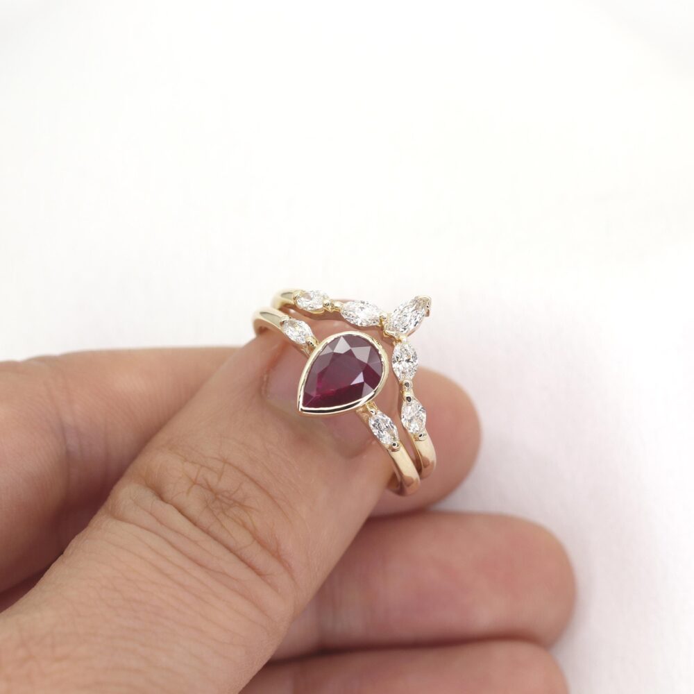 14K Rose Gold Ruby Engagement Ring Set Pear Cut Diamond Chevron Band