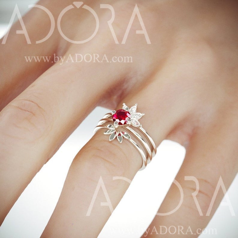 Handmade Ruby Bridal Set 3 Rings | 14K White Gold Wedding Ring Set With Marquise Cut Diamonds & Engagement Ring