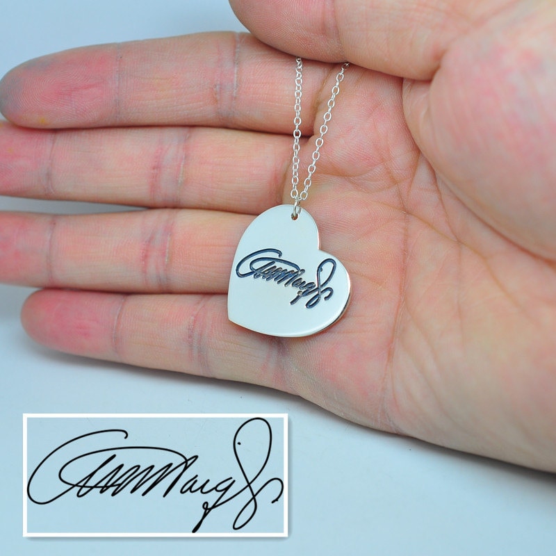 Silver Custom Signature Necklace, Heart Pedant Personalized Handwriting, Engraved Name, Keepsake in Memory Jewelry, Christmas Gift