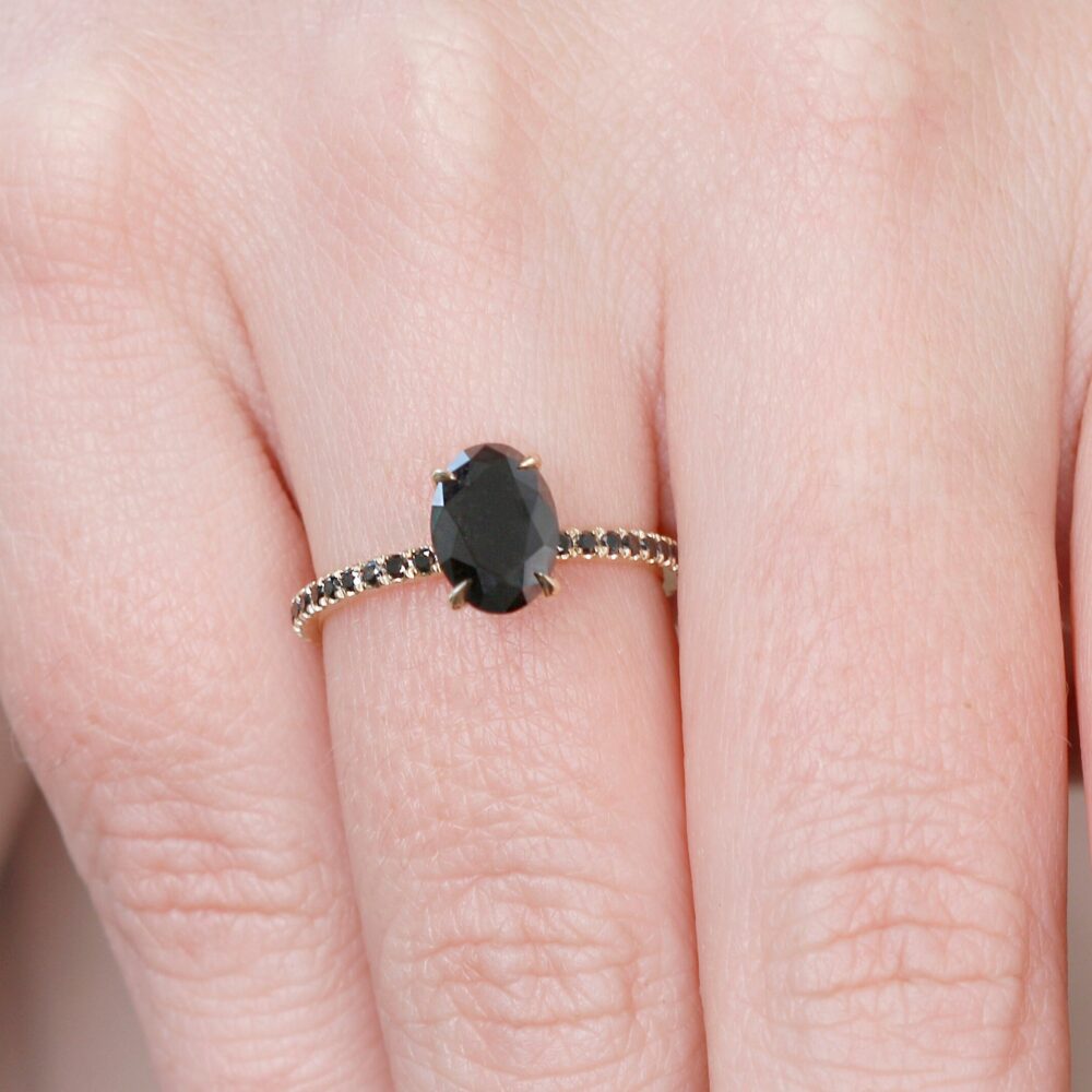 Black Diamond Engagement Ring, Oval Alternative Hidden Halo, Yellow Gold Unique Ring