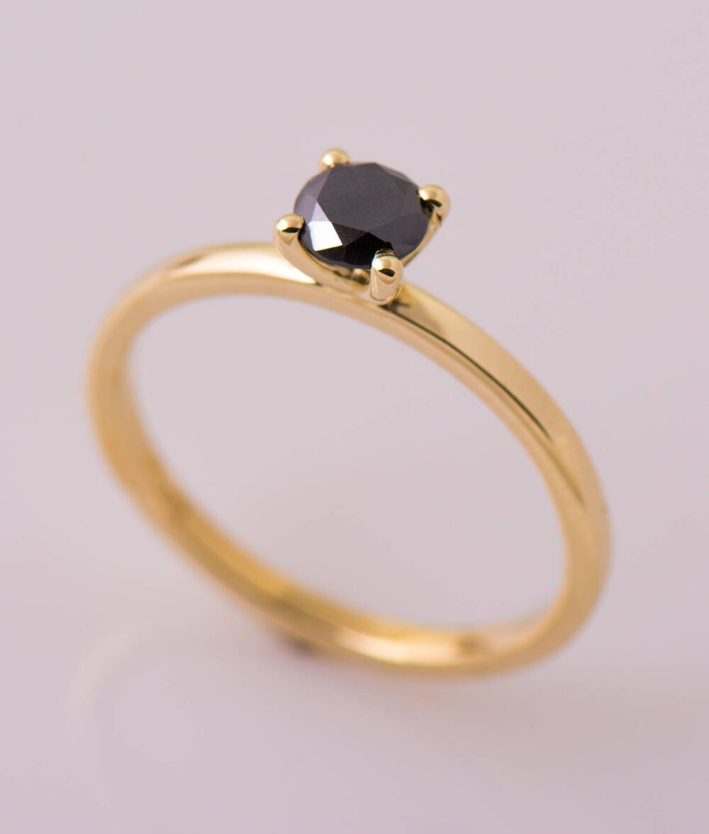 Black Diamond Engagement Ring, 14K Yellow Gold Band, Simple Solitaire One Ring
