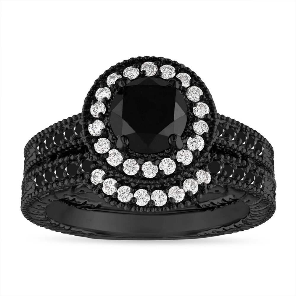 Black Diamond Engagement Ring Set 14K Gold Halo, Vintage Handmade