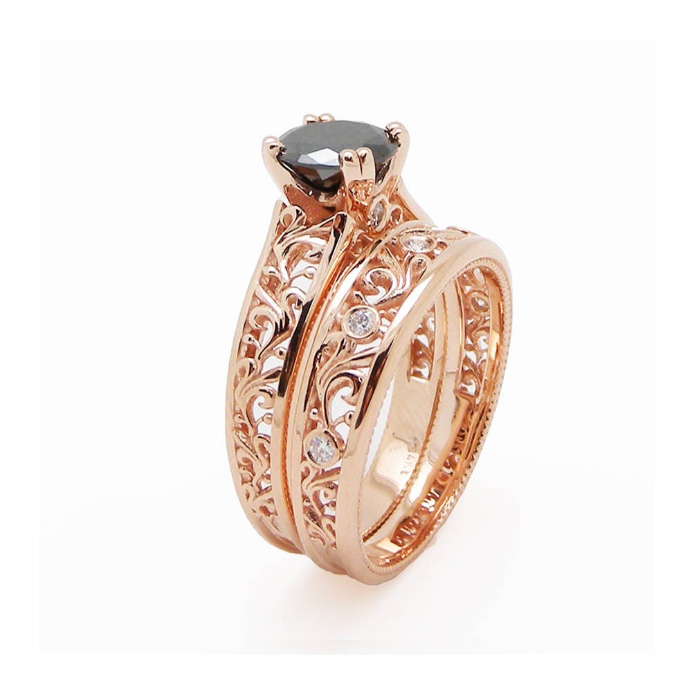 Black Diamond Engagement Ring Set 14K Rose Gold Filigree Rings