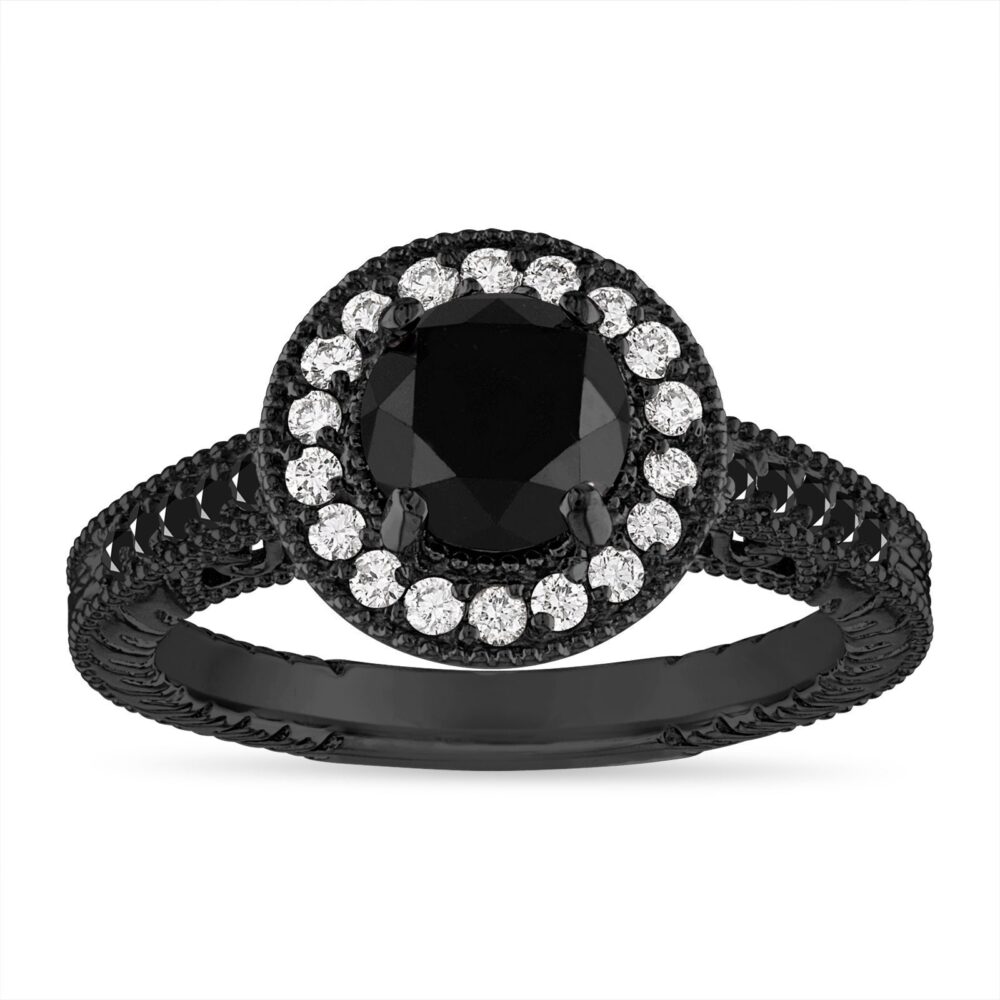 Black Diamond Engagement Ring Vintage Halo Pave, 14K Gold