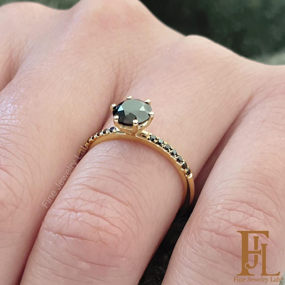 Black Diamond Engagement Ring Solid Gold, Handmade Anniversary Ring