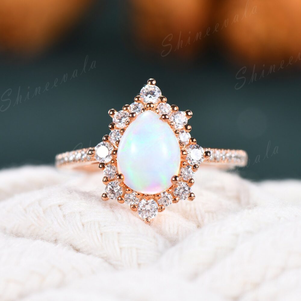 White Opal Ring Vintage Engagement Rings For Women Pear Shaped Fire Bridal October Birthstone Jewelry Handmade