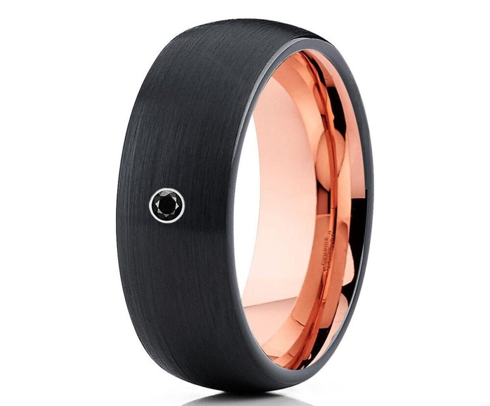 Black Diamond Wedding Ring, Band, Anniversary Engagement Unique 18K Rose Gold, Comfort Fit