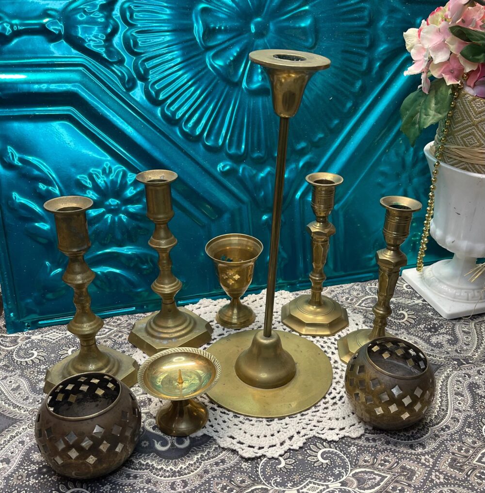 Vintage Rustic Brass Candlesticks - Candle Holders- Votive 9 Pieces- Not Identical Showing Their Age Heavy Patina- Wear