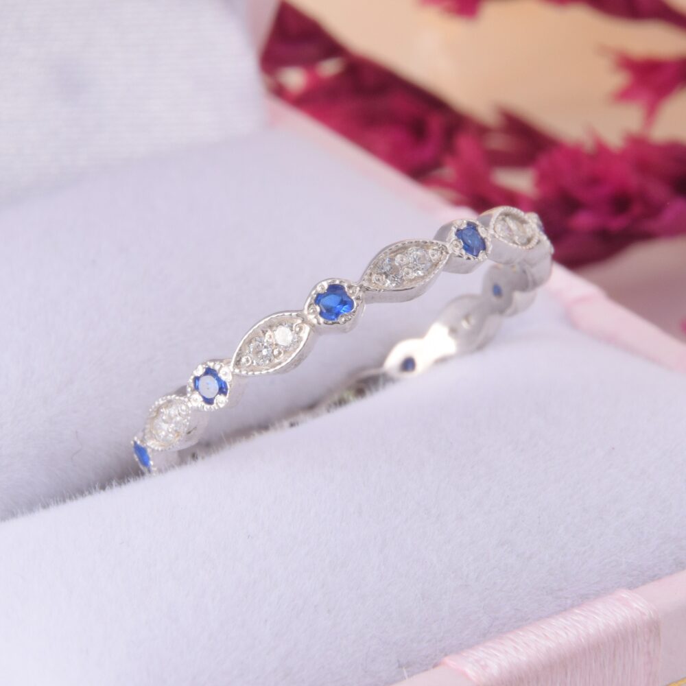 Blue Sapphire Silver Wedding Band, Unique Women Wedding Band For Her, Small Art Deco