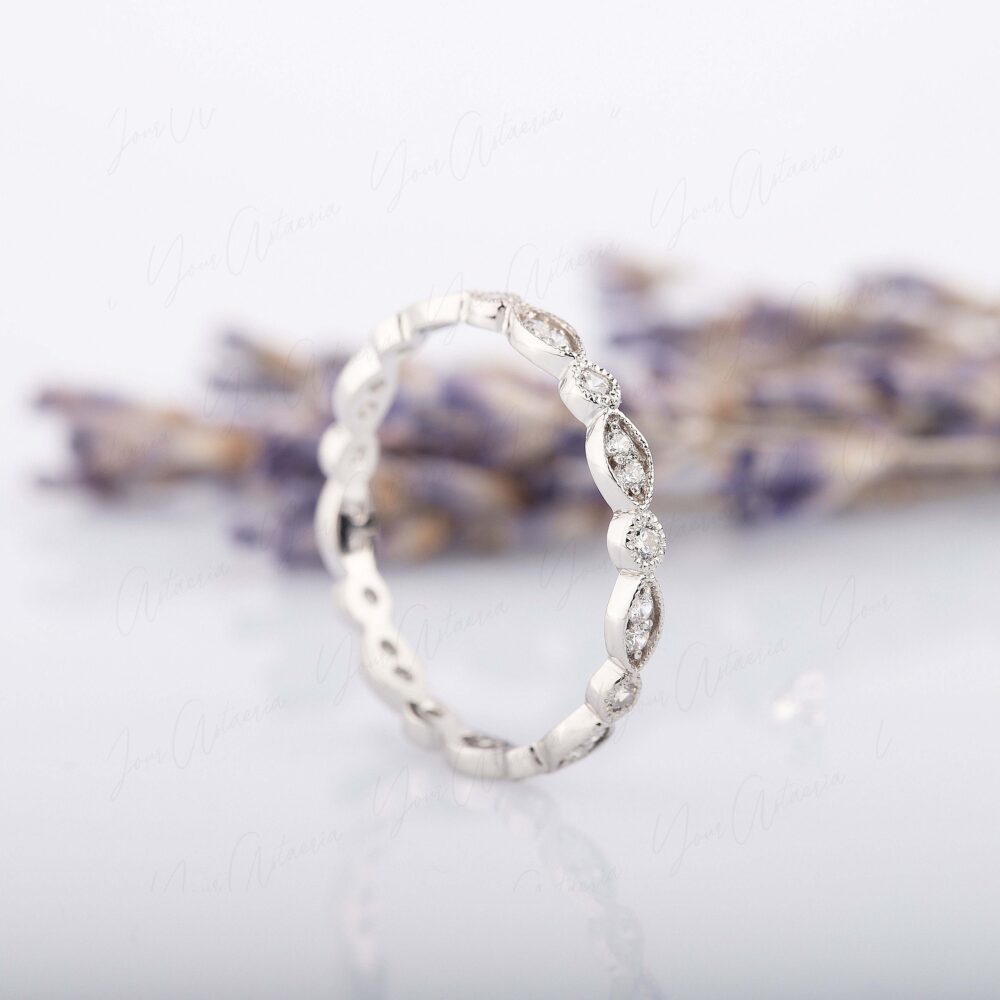 Womens Wedding Band, Full Eternity Art Deco Dainty Minimalist Ring, Unique Band