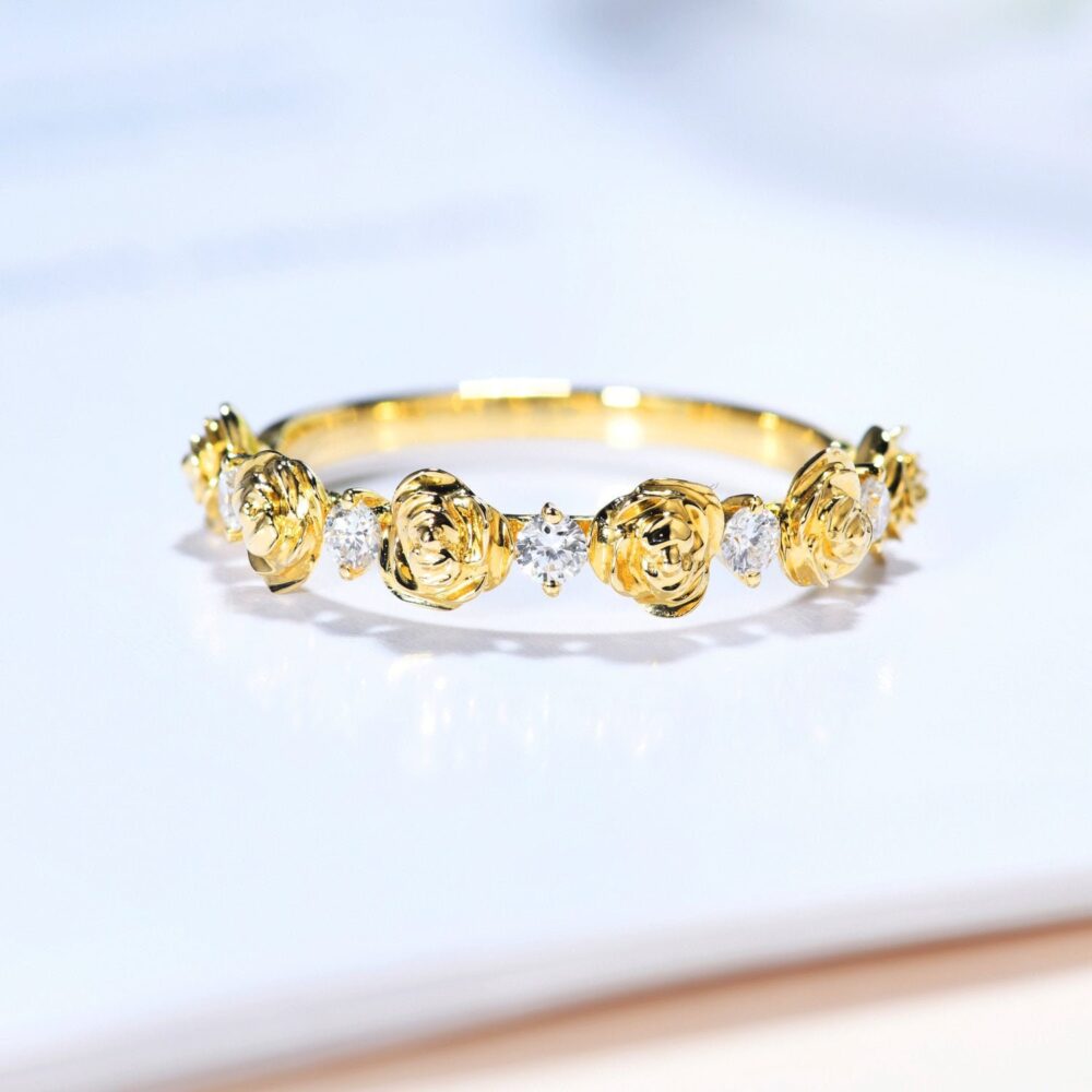 14K Vintage Rose Wedding Band, Flower Shaped Diamond Ring, Gold Floral, I Love You Promise Rings, Two Tone Sister Rings