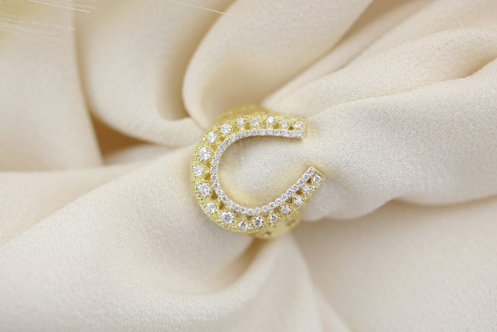 14Kt Yellow Gold & Diamond Horseshoe Ring | Statement Chunky Gold Equestrian Horse Lover Gift Equestrian
