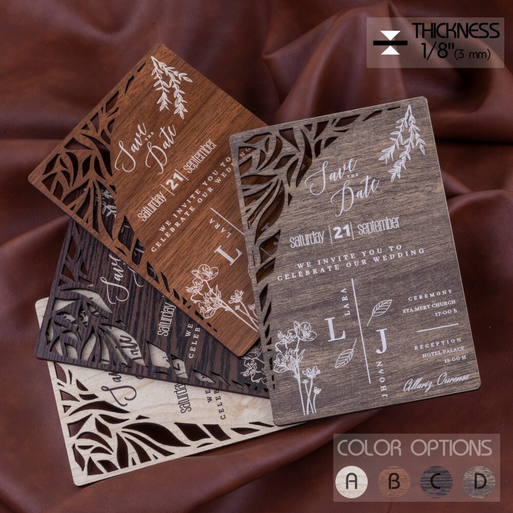 Wooden Wedding Invitation | Laser Cut Tropical Leaf Design Elegant Rustic Save The Date Card Personalized Invite For Weddings