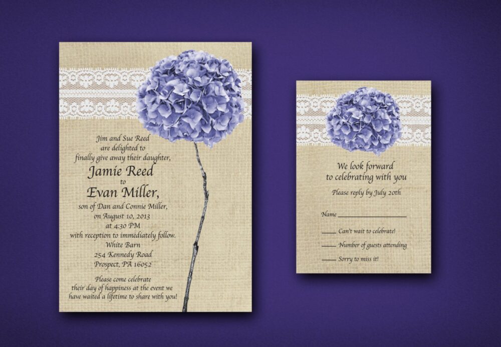 Burlap, Lace & Purple Hydrangea Wedding Invitations Rustic Response Card Vintage Summer Invites